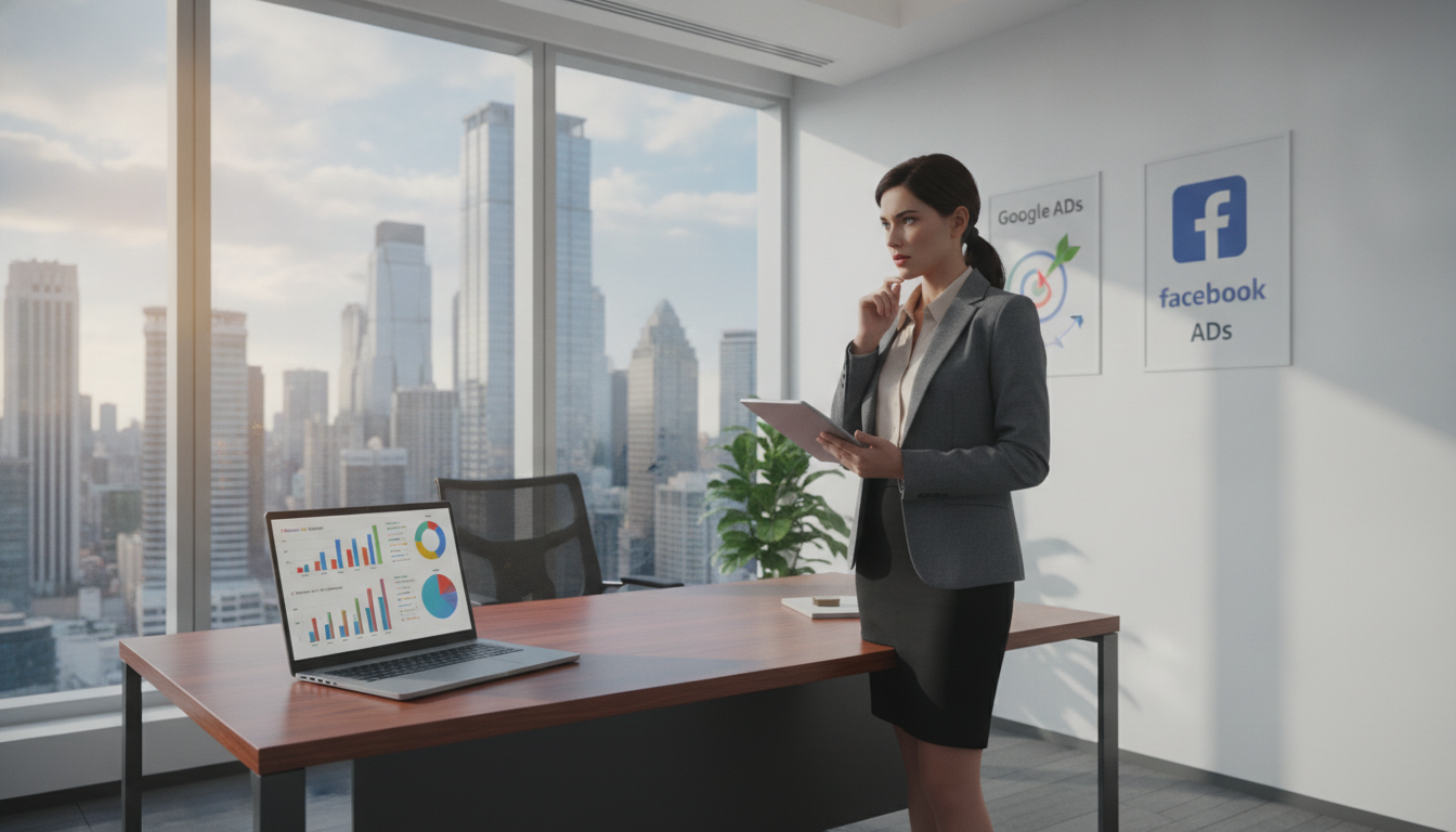 A modern office setting with a sleek desk in the foreground, featuring a laptop displaying colorful