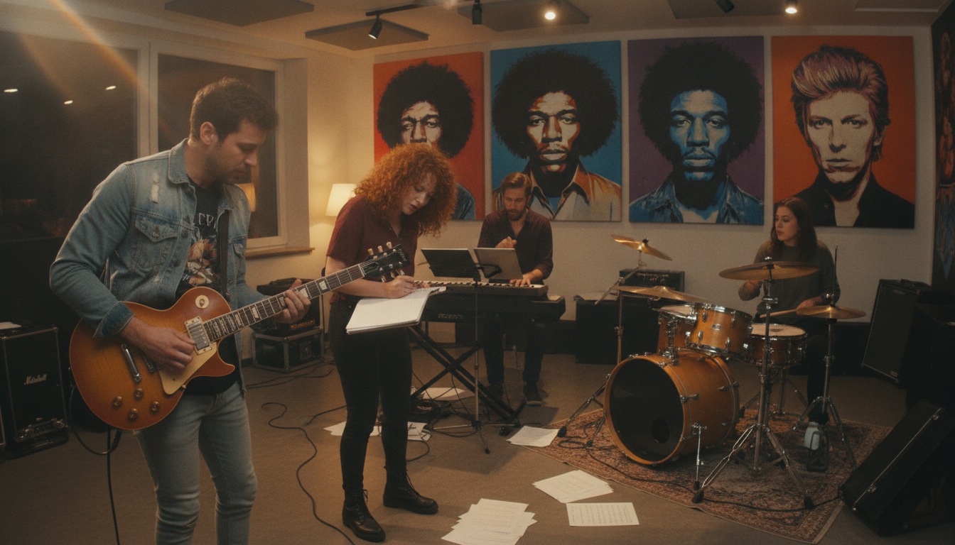 A vibrant scene portraying a group of diverse, professional musicians in a modern rehearsal studio, 