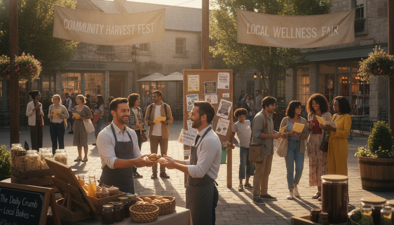 A vibrant community plaza bustling with activity, depicting a diverse group of people engaging with