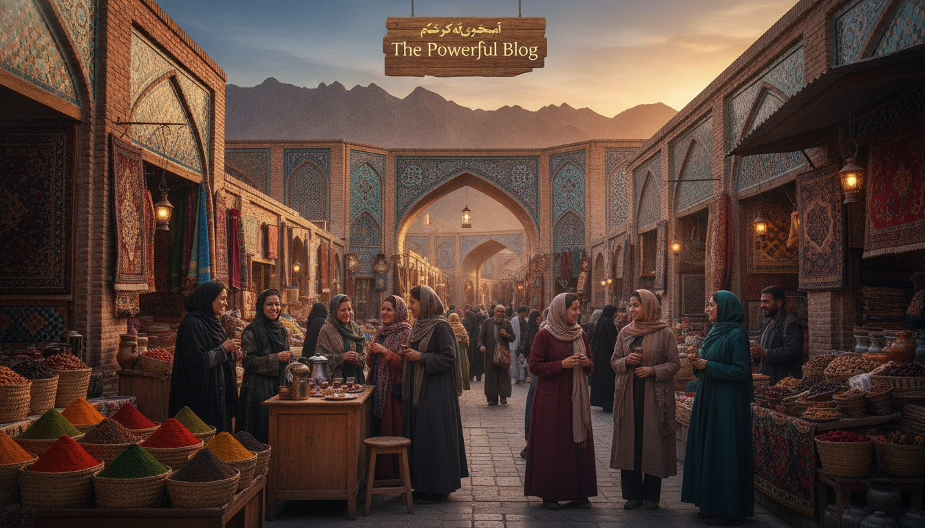 A vibrant street scene in Iran that captures the essence of daily life, showcasing a bustling bazaar