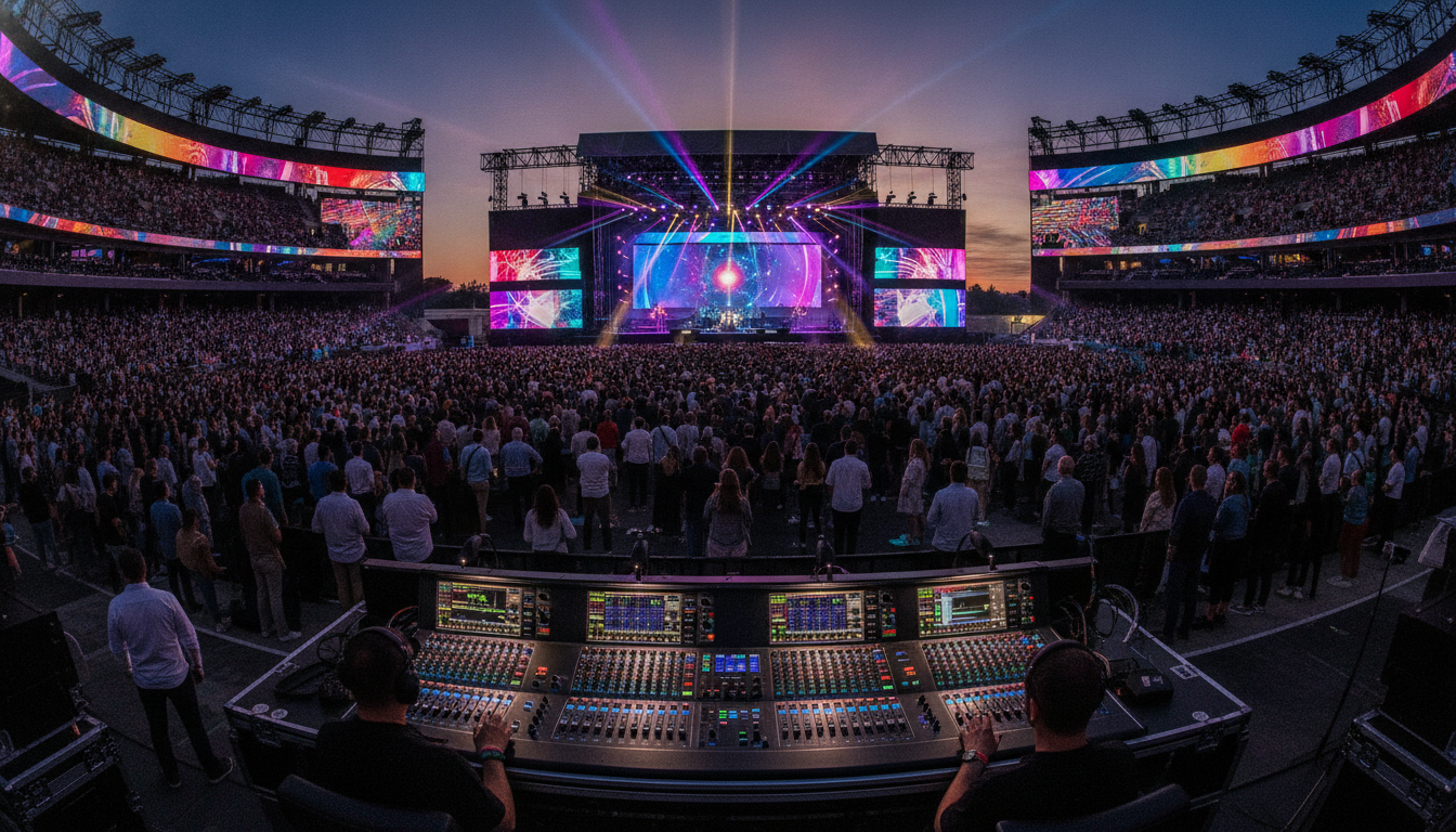 A stunning view of a world-class concert venue featuring innovative technology. In the foreground, s