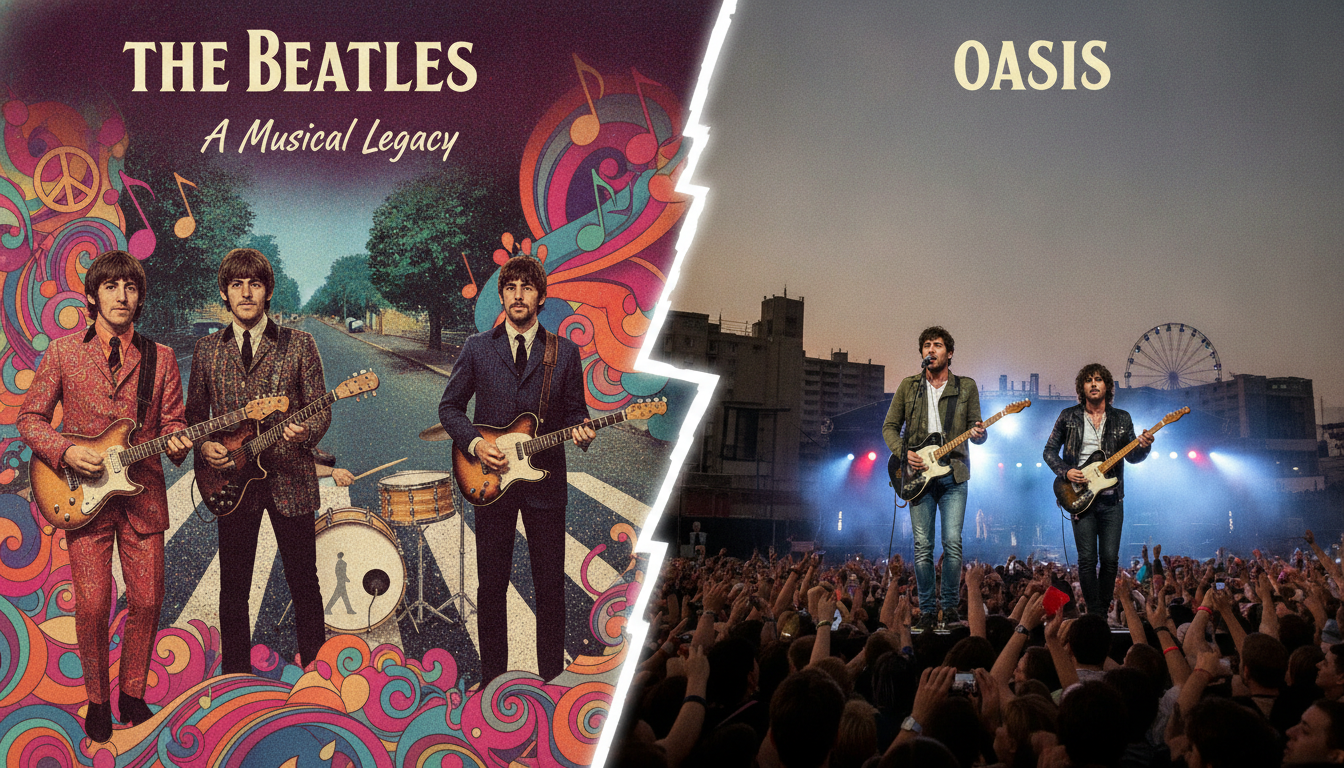 A visual comparison of musical styles between The Beatles and Oasis, featuring the two bands in a sp