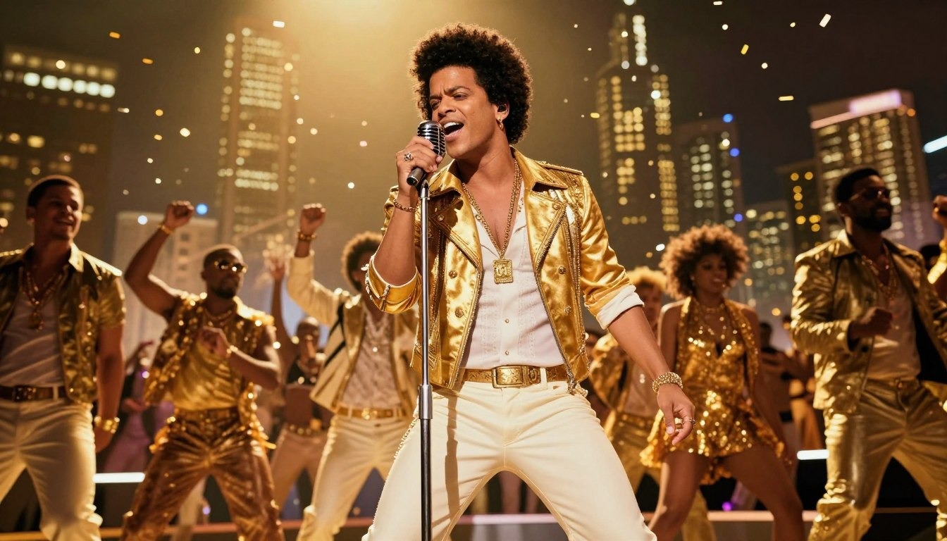 A vibrant scene capturing Bruno Mars in a dynamic performance during the "24K Magic" era.