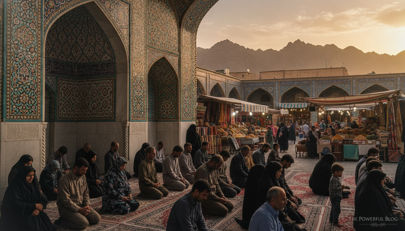 A serene scene depicting daily life in Iran centered around religion and spirituality. In the foregr