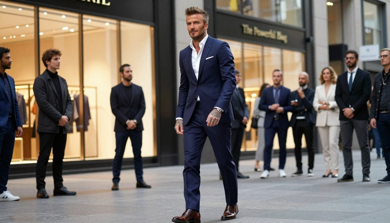 David Beckham portrayed as a global style icon, standing confidently in a modern urban setting. In t