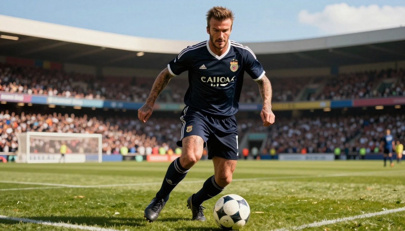David Beckham in a dynamic soccer pose, focused and determined, capturing the essence of his precisi