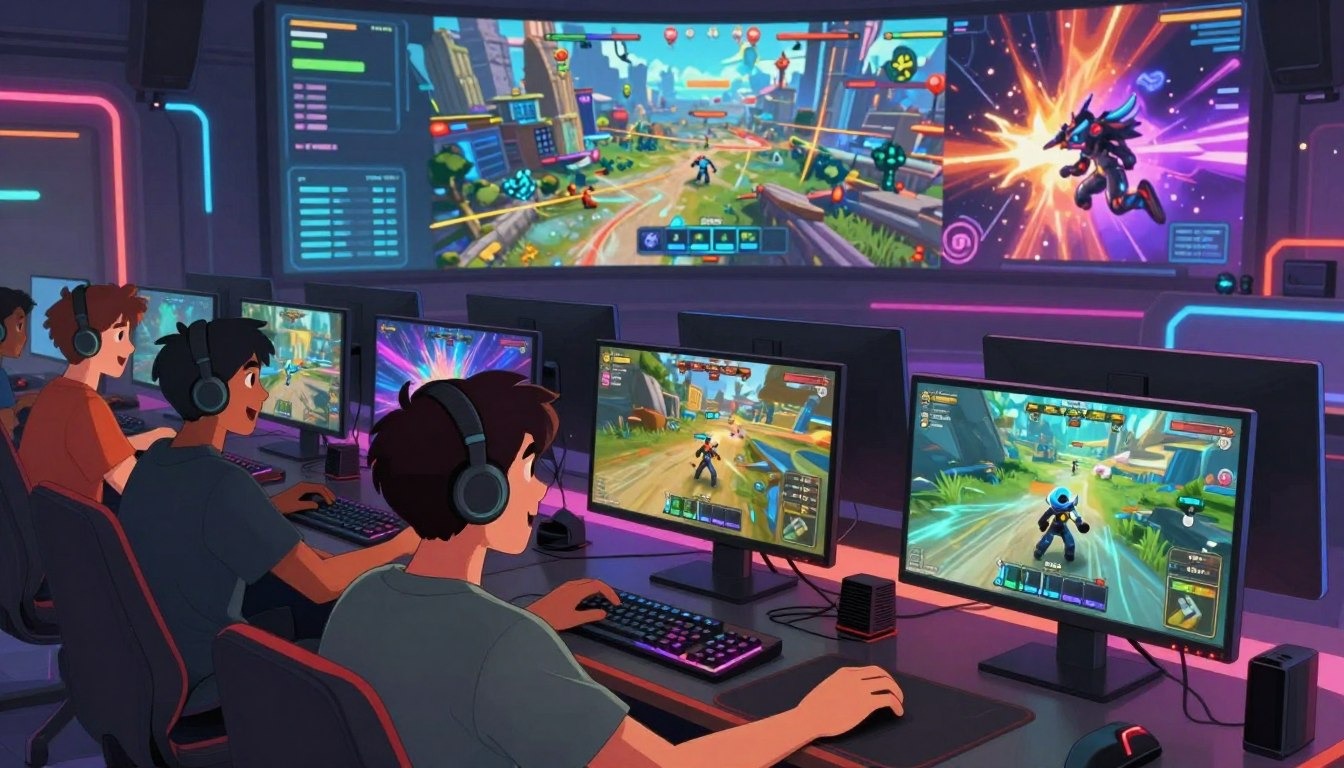 A dynamic scene depicting the evolution of online multiplayer gaming. In the foreground, a diverse g
