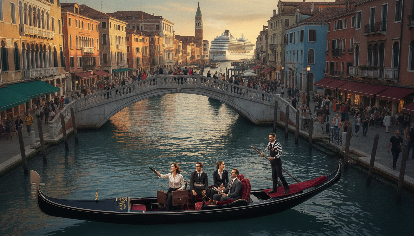 A bustling scene in Venice showcasing the vibrant economic impact of tourism, specifically focusing 