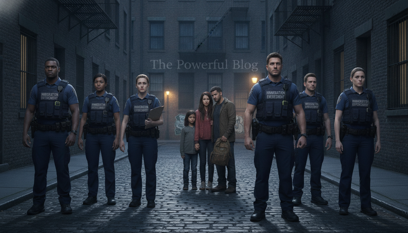 A tense urban scene depicting immigration enforcement in action. In the foreground, a diverse group 