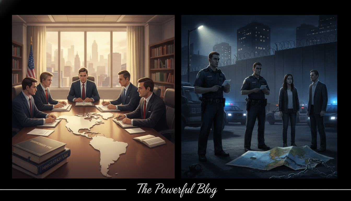 A side-by-side comparative illustration of immigration laws and enforcement, split down the middle. 
