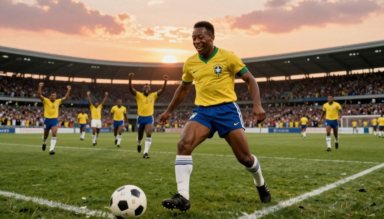 A heroic depiction of Pelé, showcasing his iconic stature and football prowess, stands in a dynamic