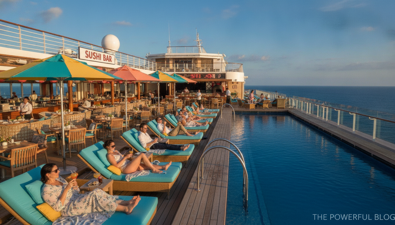 luxury cruise ship amenities showcased in a vibrant setting. In the foreground, a stunning infinity 