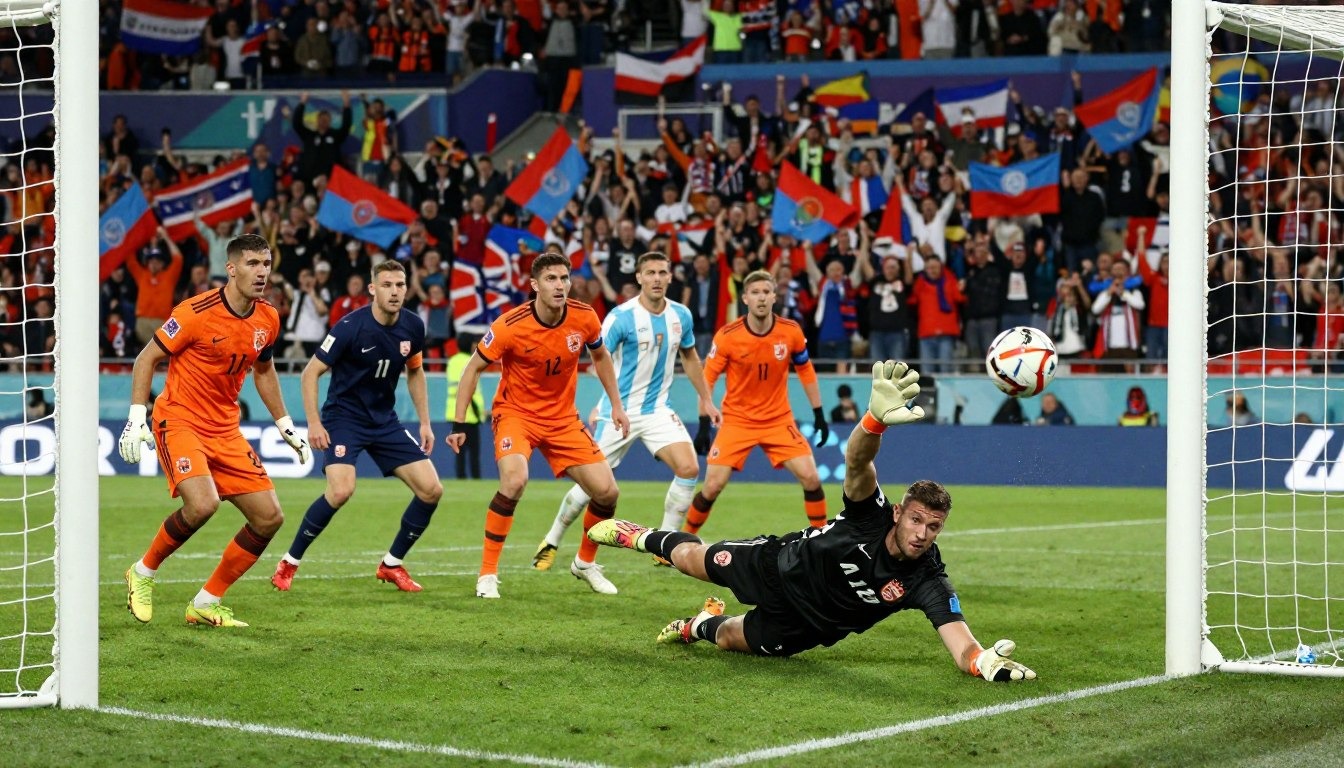 A dramatic scene of a Dutch goalkeeper in the foreground, clad in a sleek, professional kit, diving