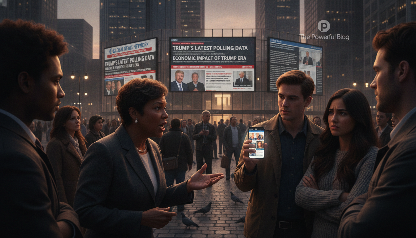 A dynamic scene illustrating public opinion on Donald Trump, featuring a diverse group of people gat