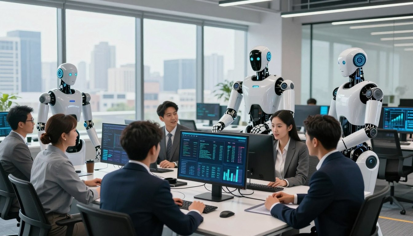 A modern office environment illustrating the theme of artificial intelligence and automation in the 