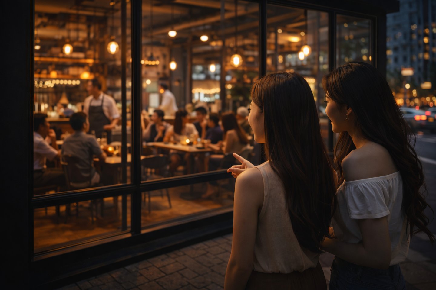 People outside restaurant window looking into busy venue scene