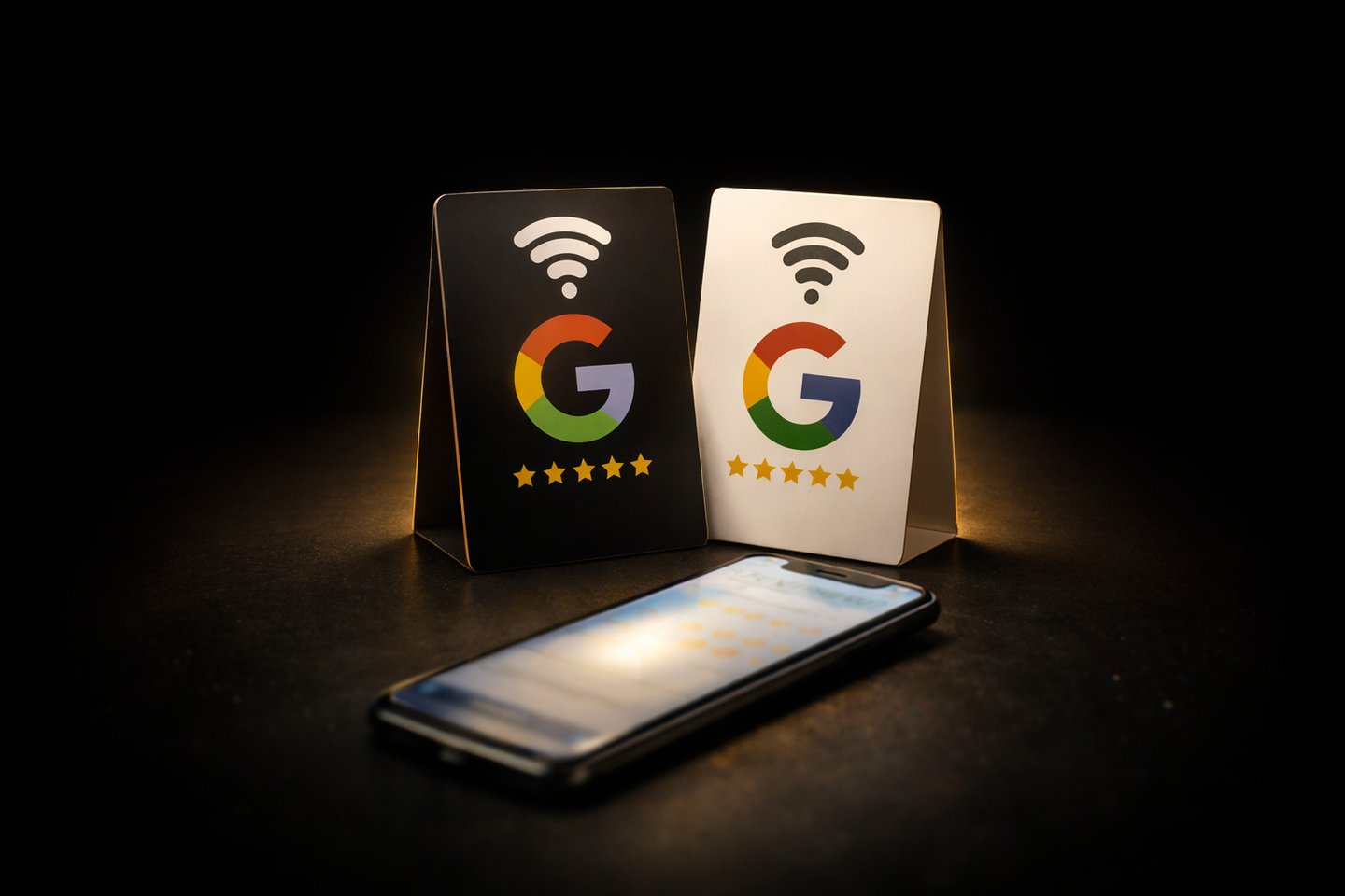 Google review display stand beside phone showing scan and review prompt