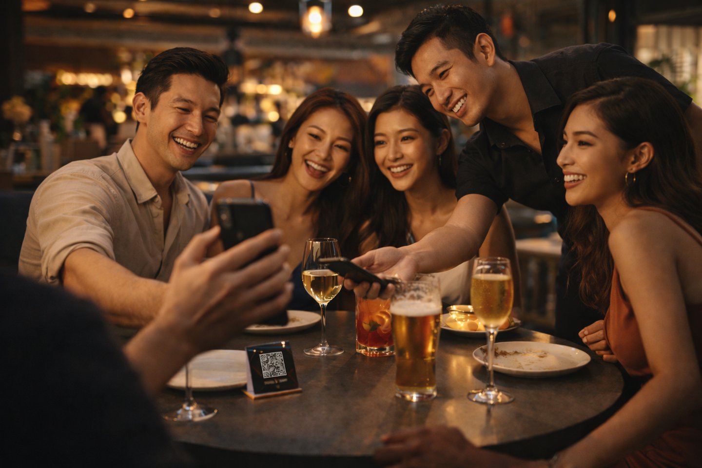 Customers scanning phone at restaurant table showing engagement interaction