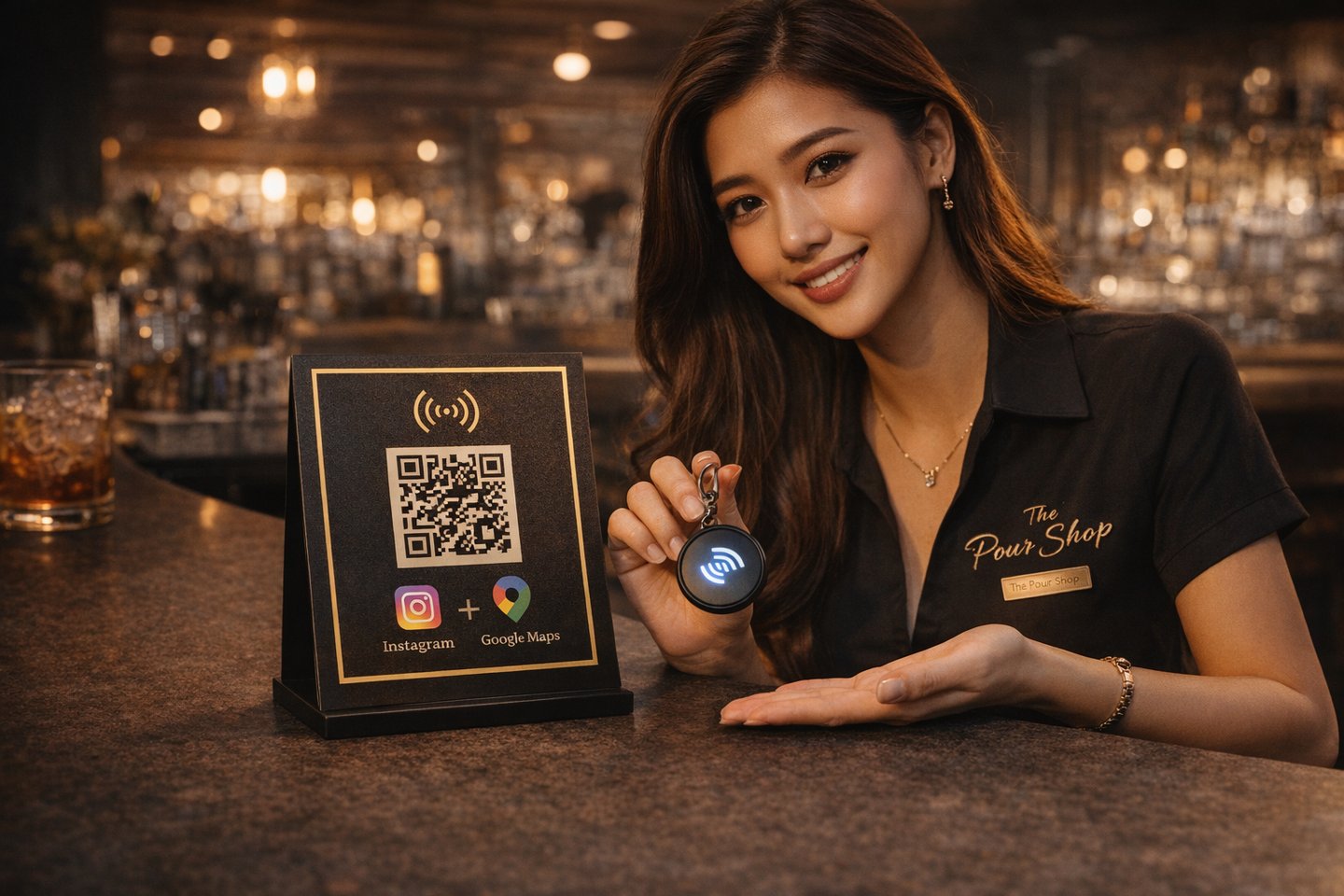 Customer holding QR brand frame display showing scan interaction in venue setting