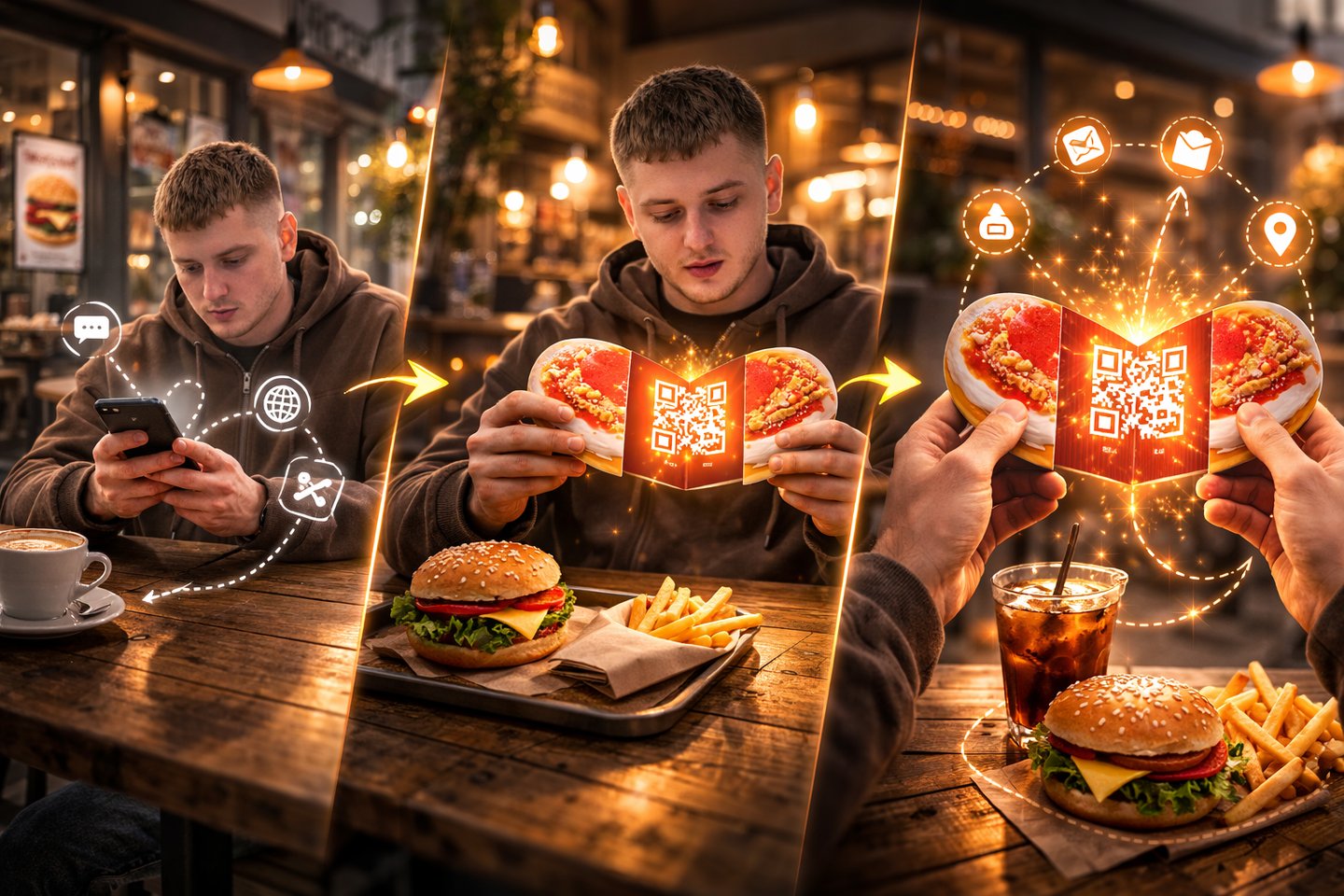 People at restaurant table interacting with illuminated brand cards