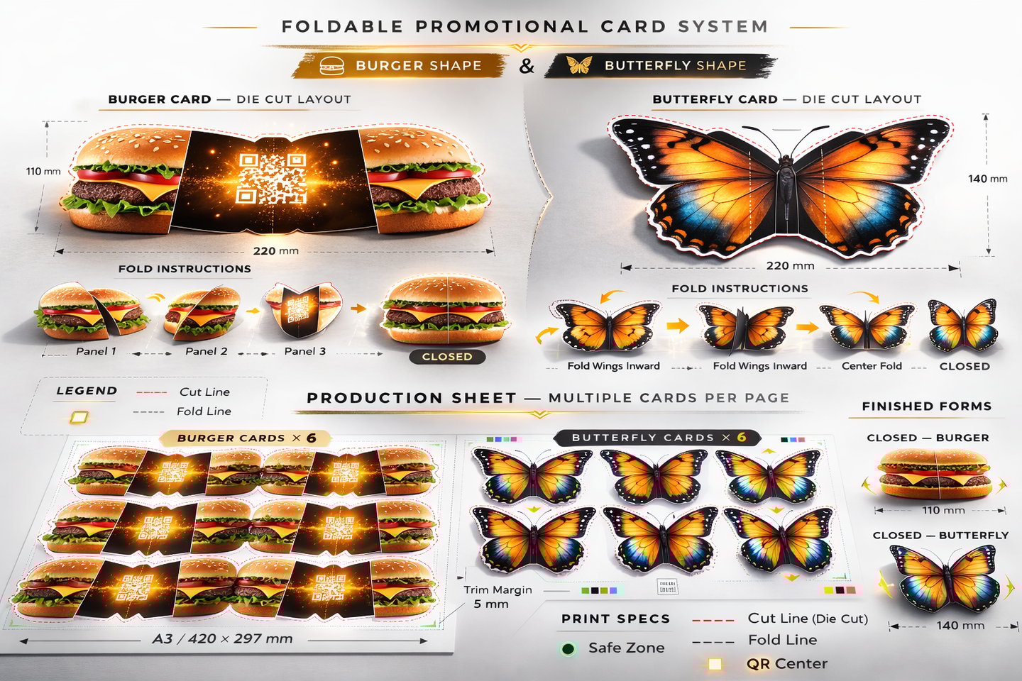 Sheet showing multiple shaped promotional cards including burgers and butterflies
