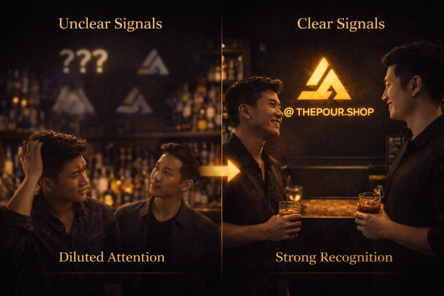 Graphic comparing unclear signals versus strong brand recognition concept