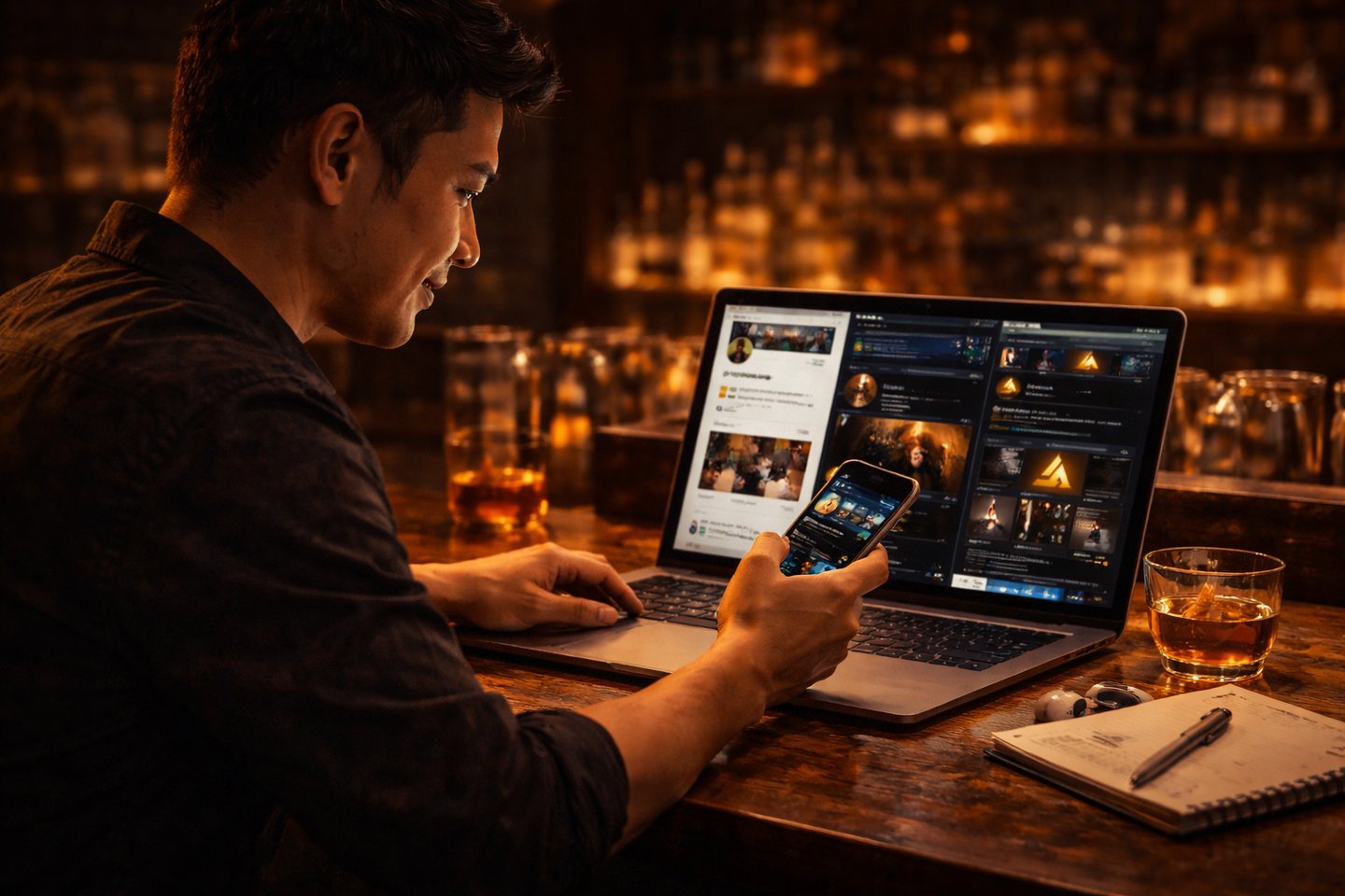 Person working on laptop in bar environment representing digital business setup