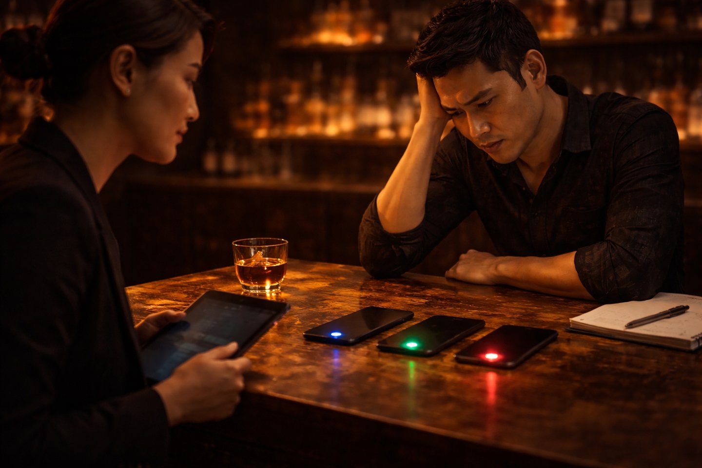 Customer looking confused at phone on table showing unclear brand signal concept