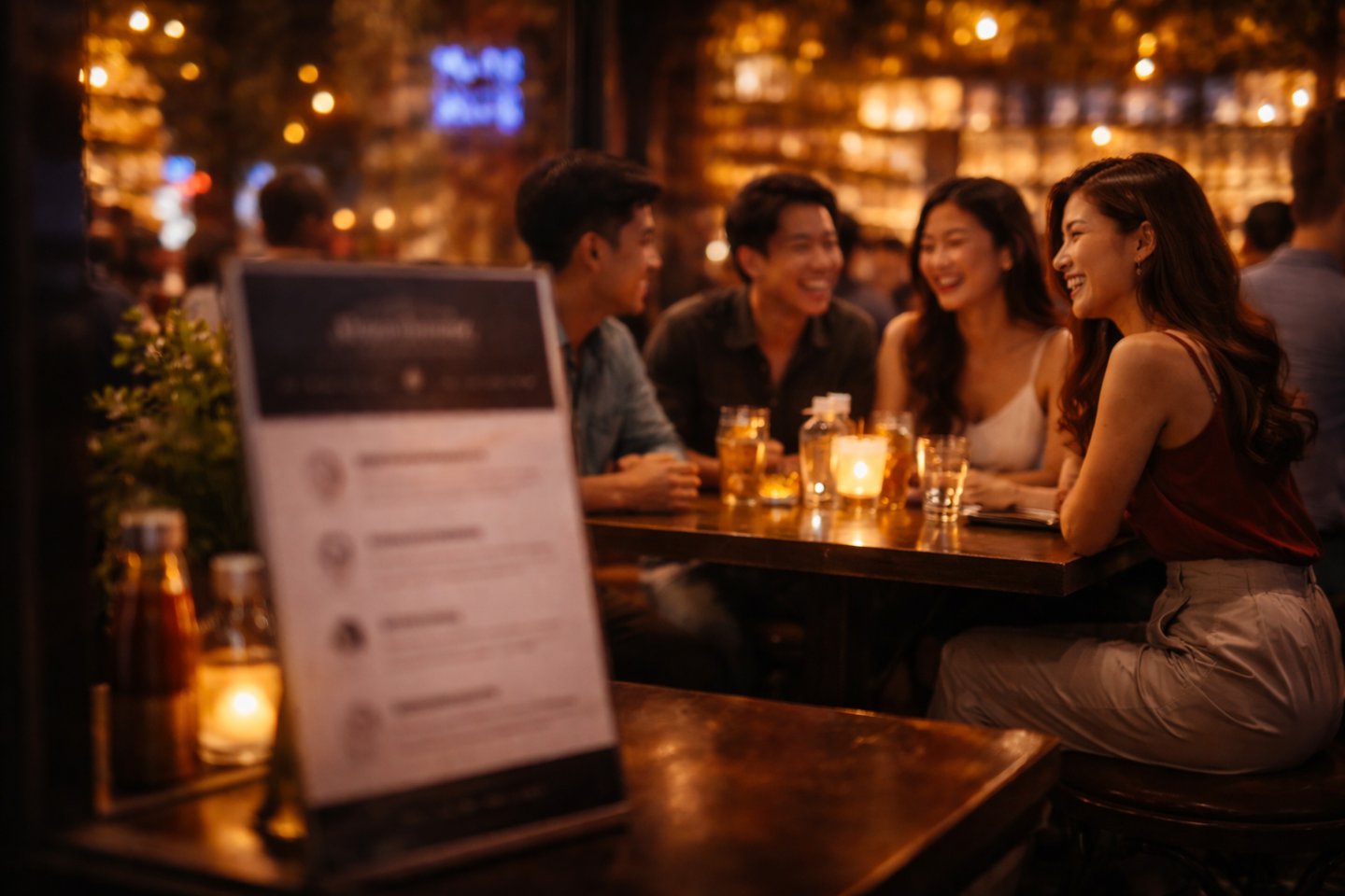Customers enjoying dinner at warmly lit restaurant table showing active hospitality experience and engagement