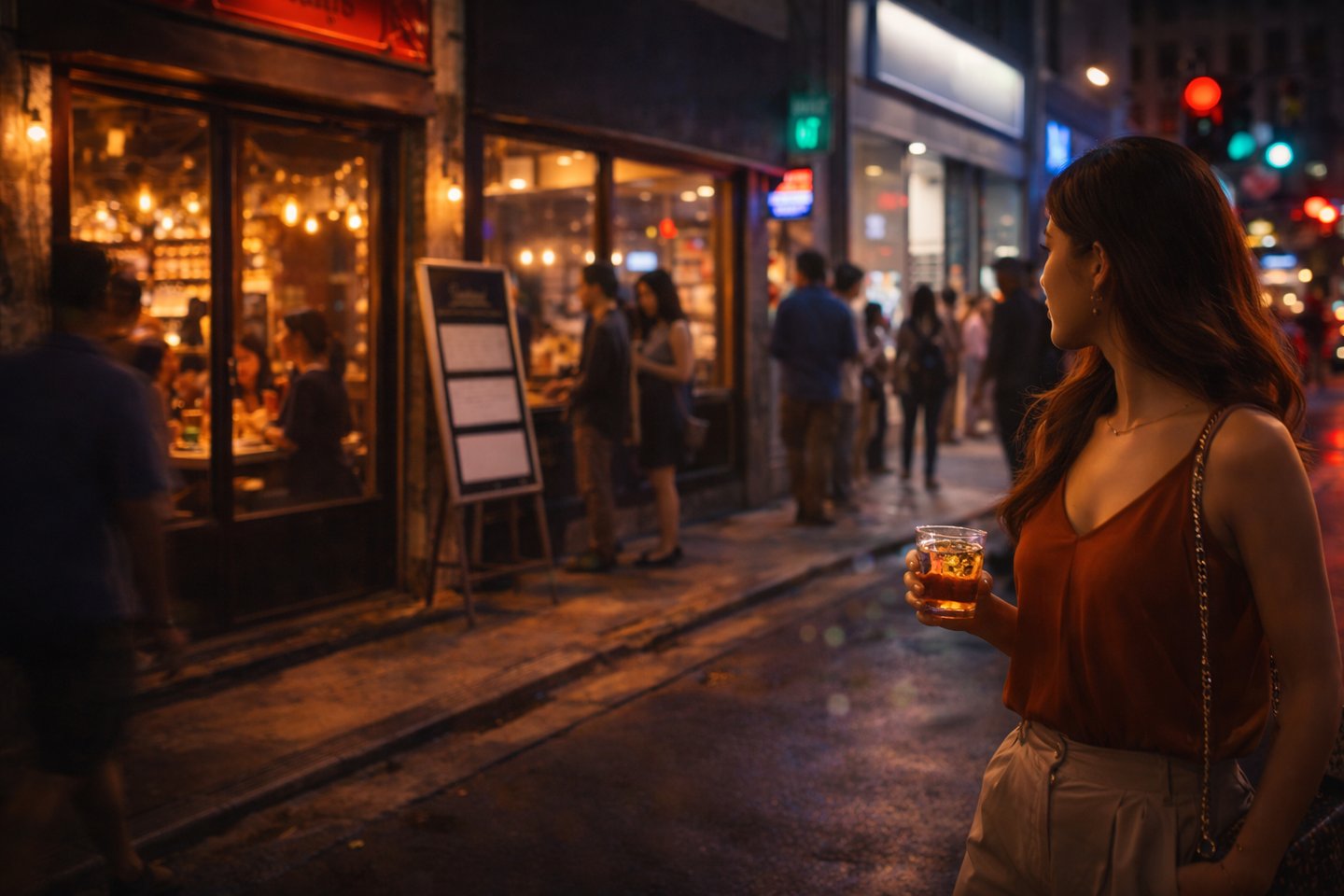 Evening hospitality venue exterior attracting foot traffic and increasing street-level brand visibility