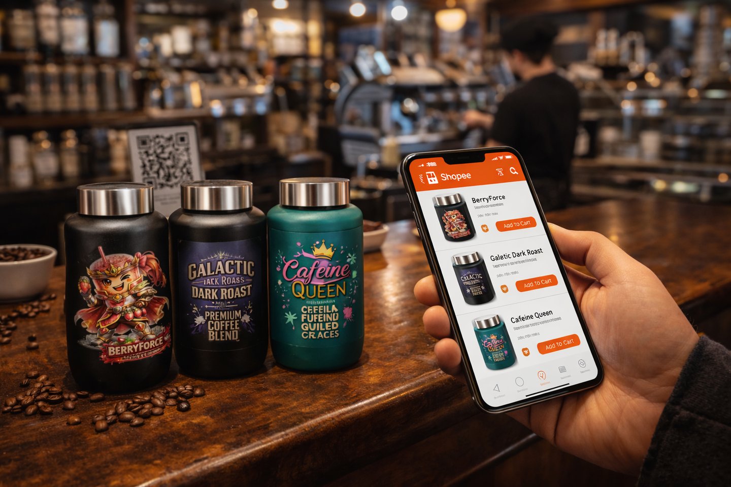 Customer holding phone in bar with branded drink cans visible on counter