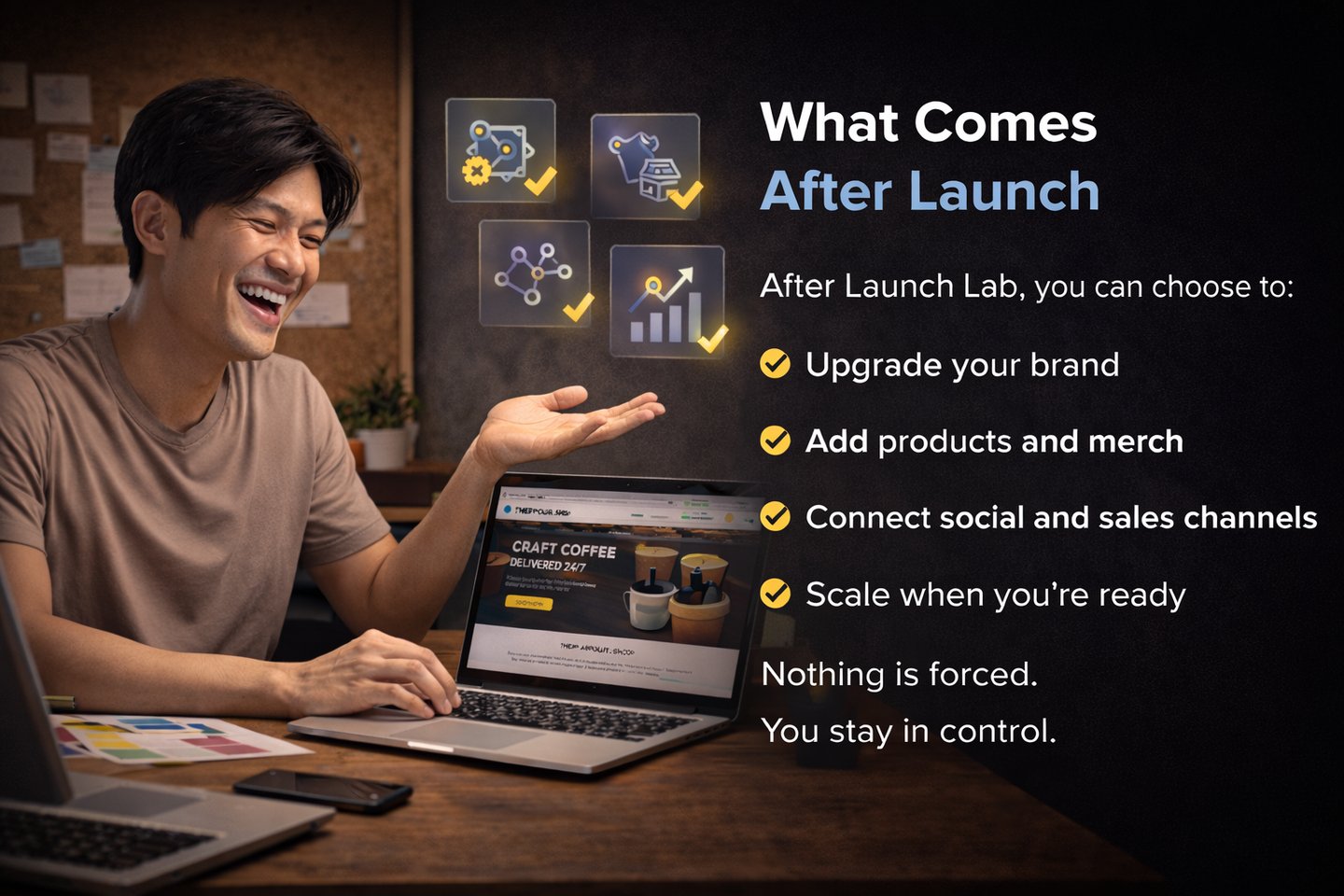 person reviewing next steps after launch with checklist and growth icons