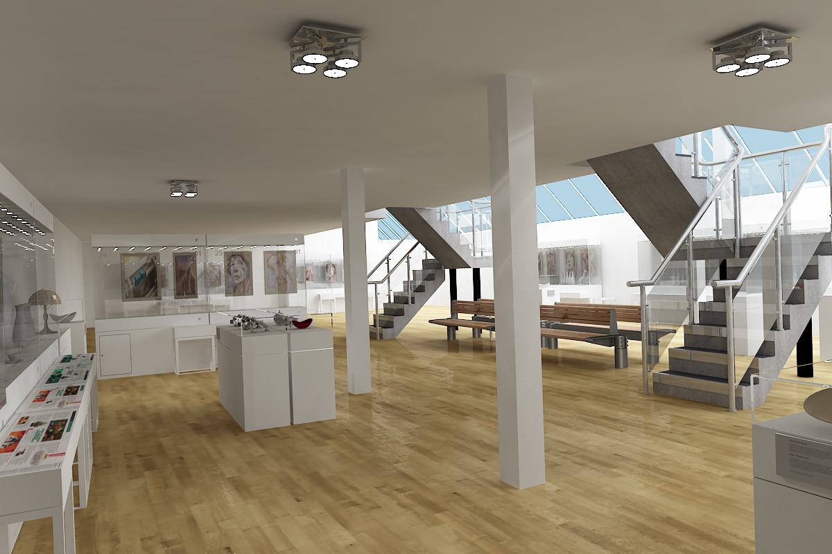 Modern art gallery interior with hardwood floors, white display cases, and a minimalist staircase design.