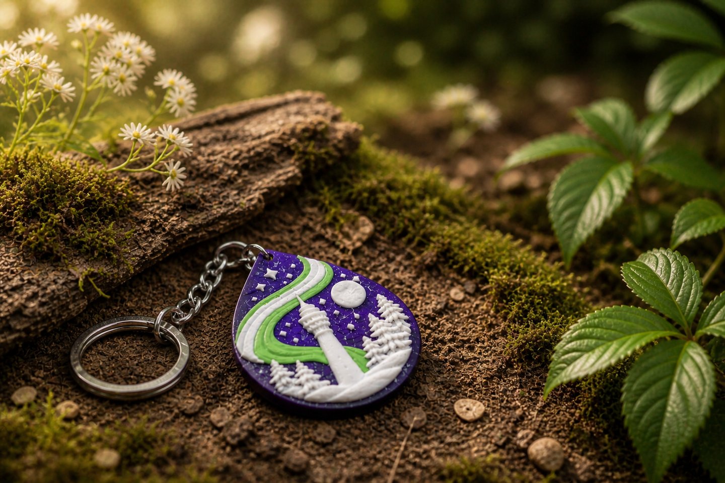 Custom northern lights keychain with a white tower and pine trees on a mossy forest floor.