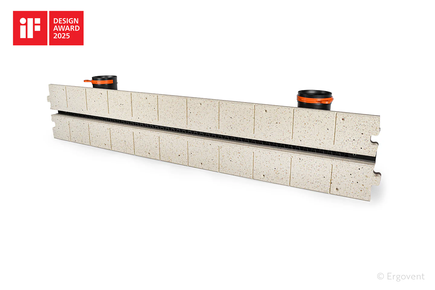 ERGOVENT LINEO PRO PUZZLE angled view showing gypsum body, black slot grille, puzzle lock edges and iF Design Award 2025