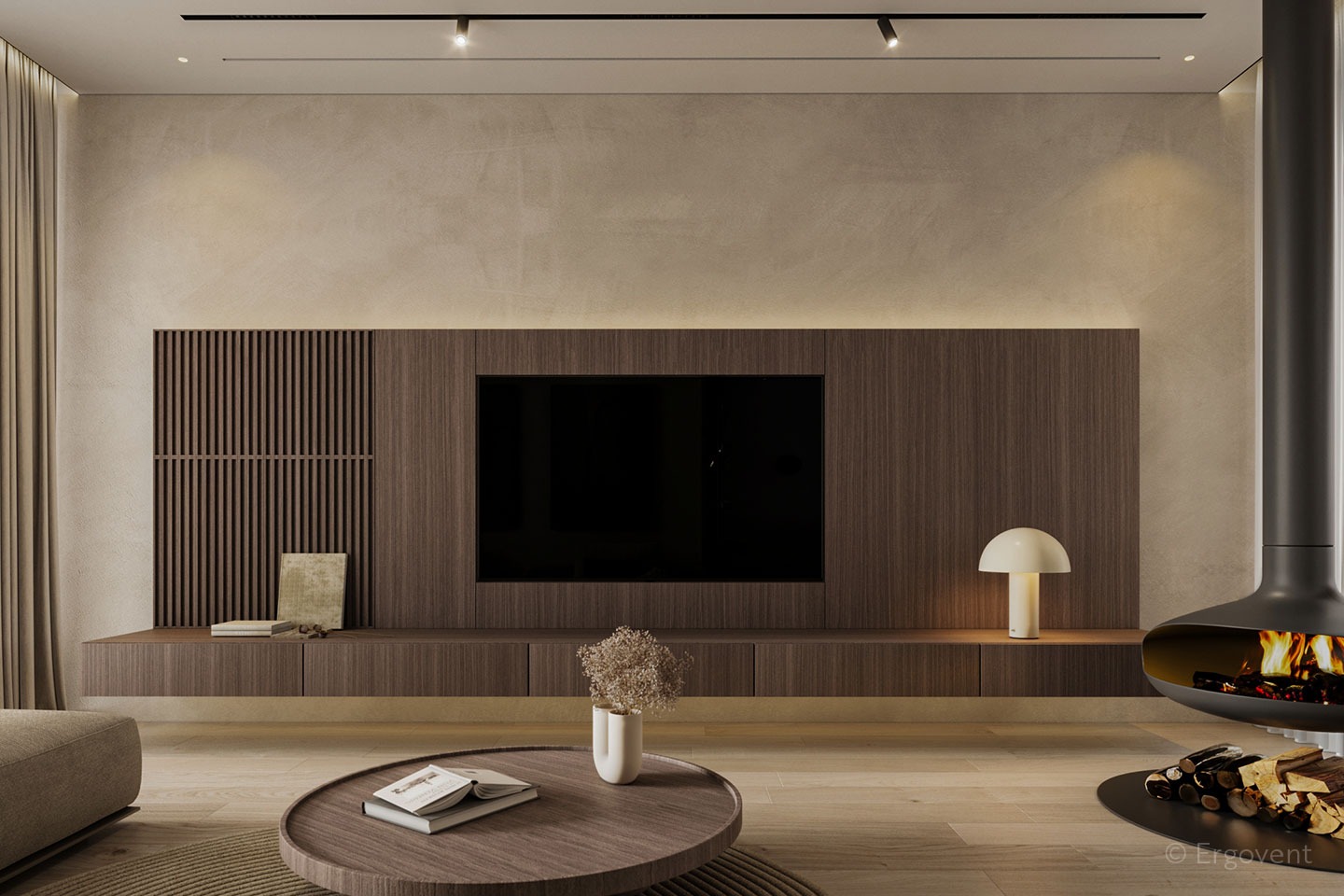 ERGOVENT LINEO PRO PUZZLE installed in luxury living room ceiling showing seamless invisible slot diffuser above fireplace