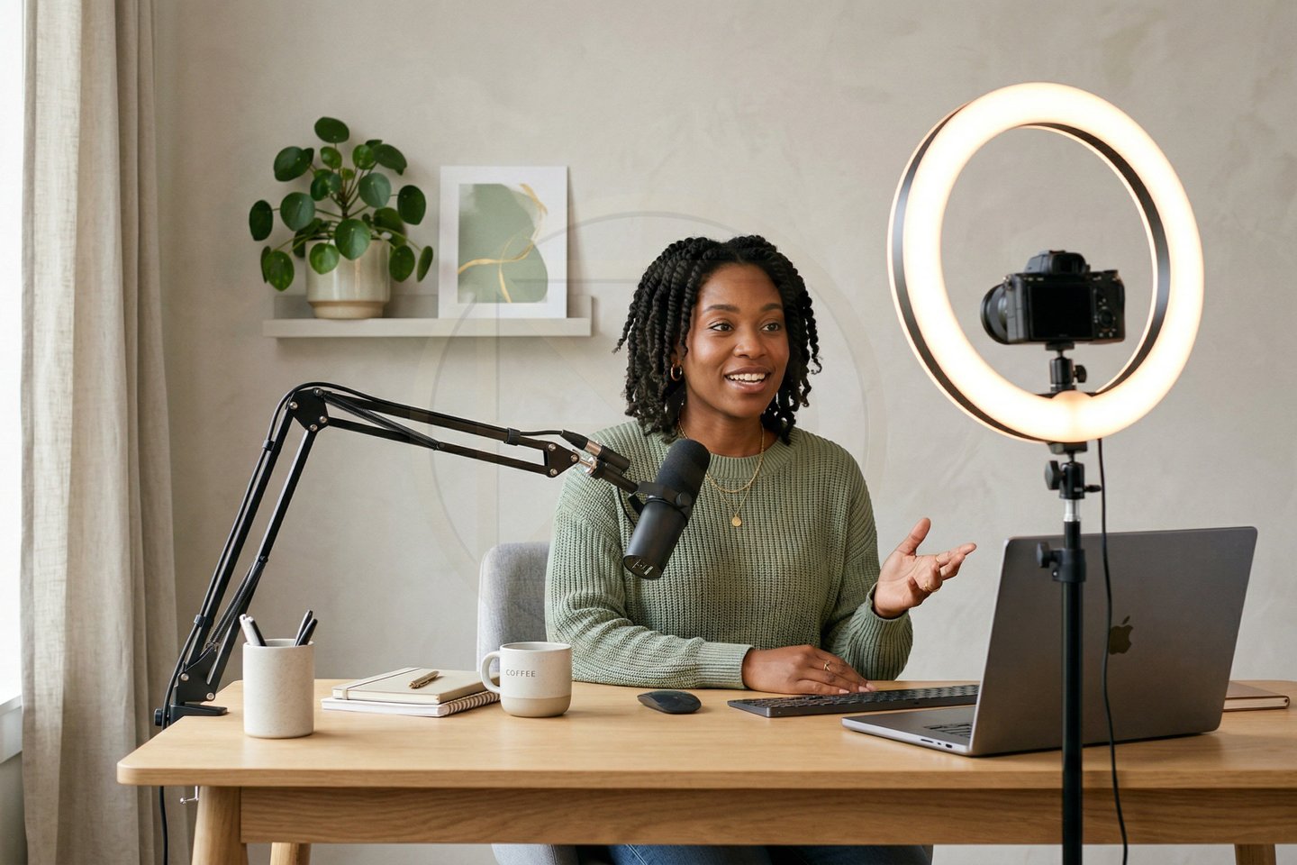 A woman recording a video podcast at a desk with a ring light, microphone, and laptop.