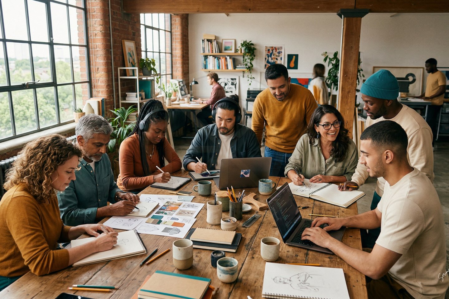 Diverse creative team collaborating on a project in a modern, open-plan office workspace.