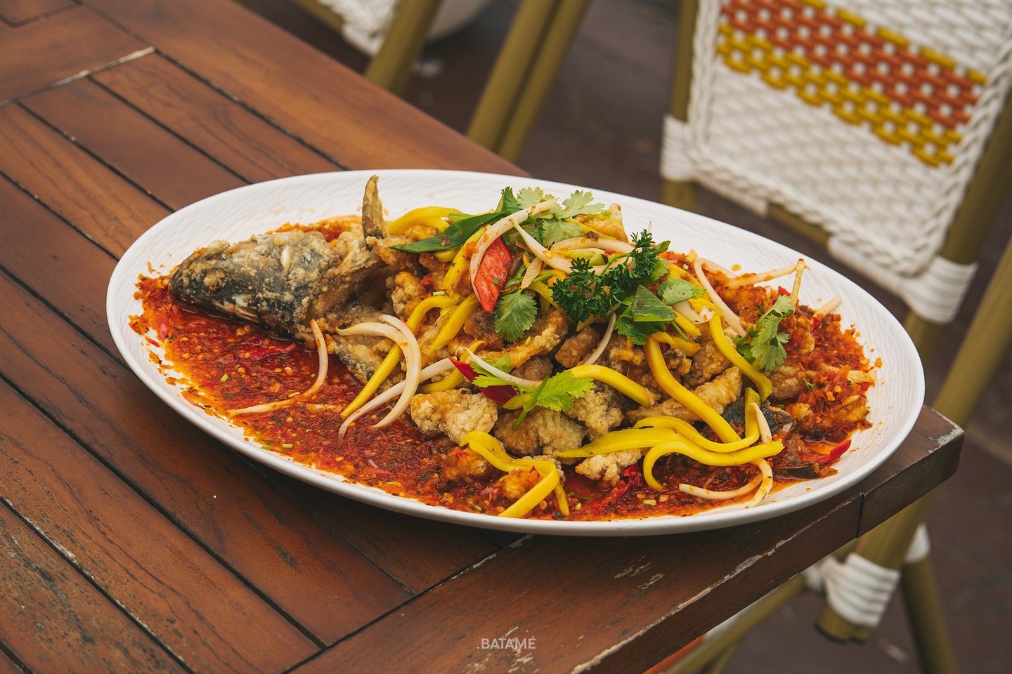 Kakap Goreng Saus Mangga or Fried Snapper cooked with Mango Sauce at SeeSea by Nomad Batam