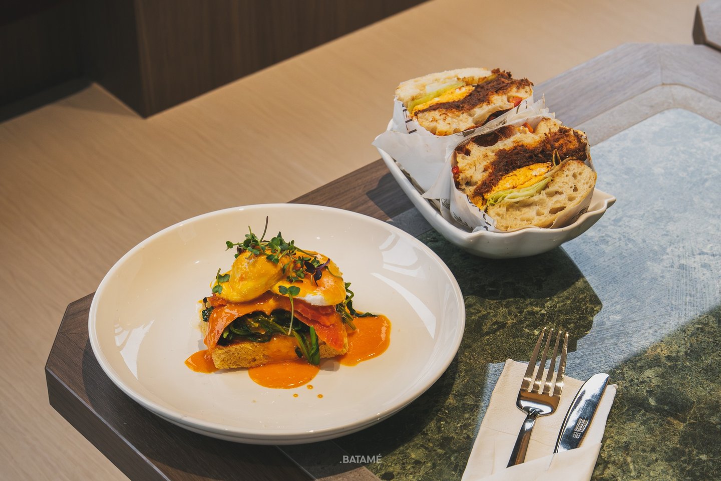 Smoked Salmon Egg Benedict and Beef Rendang Focaccia Sandwich at Ornella Cafe Batam