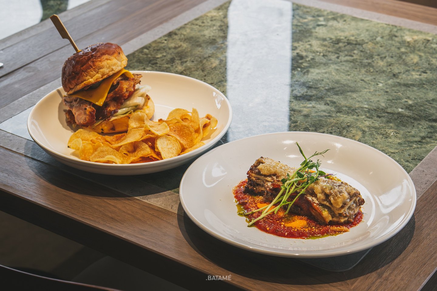 Balinese Bonza Burger and Beef Stroganoff Lasagna at Ornella Cafe Batam
