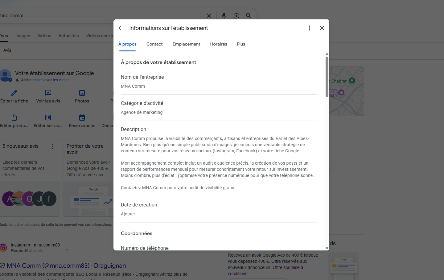Capture d'écran du tableau de bord Google Business Profile montrant les options de validation pour u