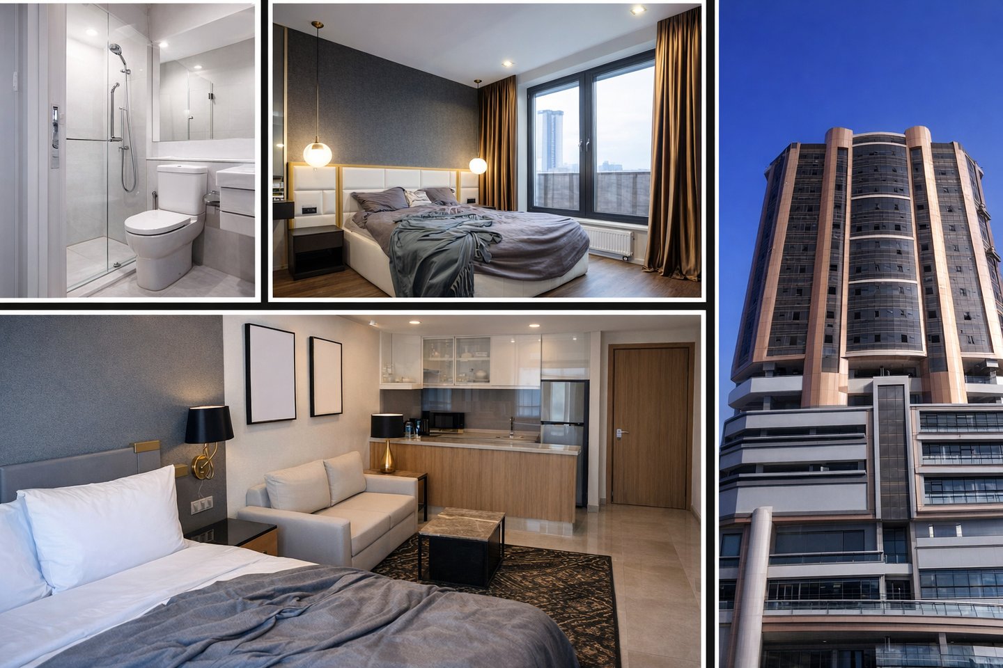 Luxury hotel suite interior with modern bedroom, kitchenette, bathroom, and exterior skyscraper view.