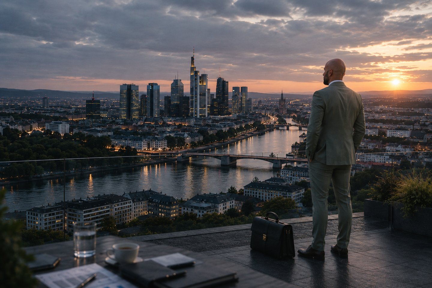 Unternehmer blickt auf die Frankfurter Skyline und seine berufliche Zukunft