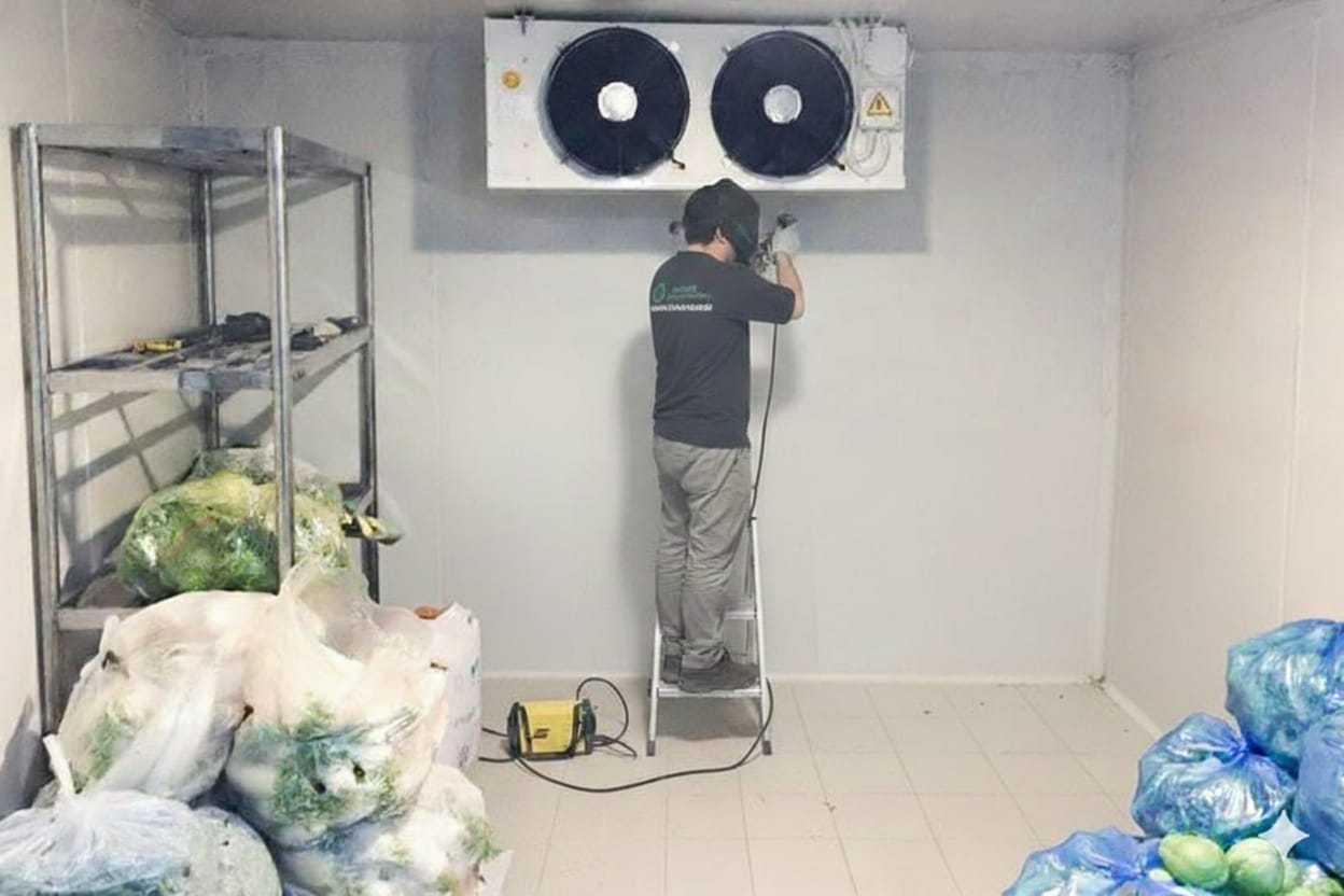 Técnico realizando reparo em evaporador de câmara fria comercial.