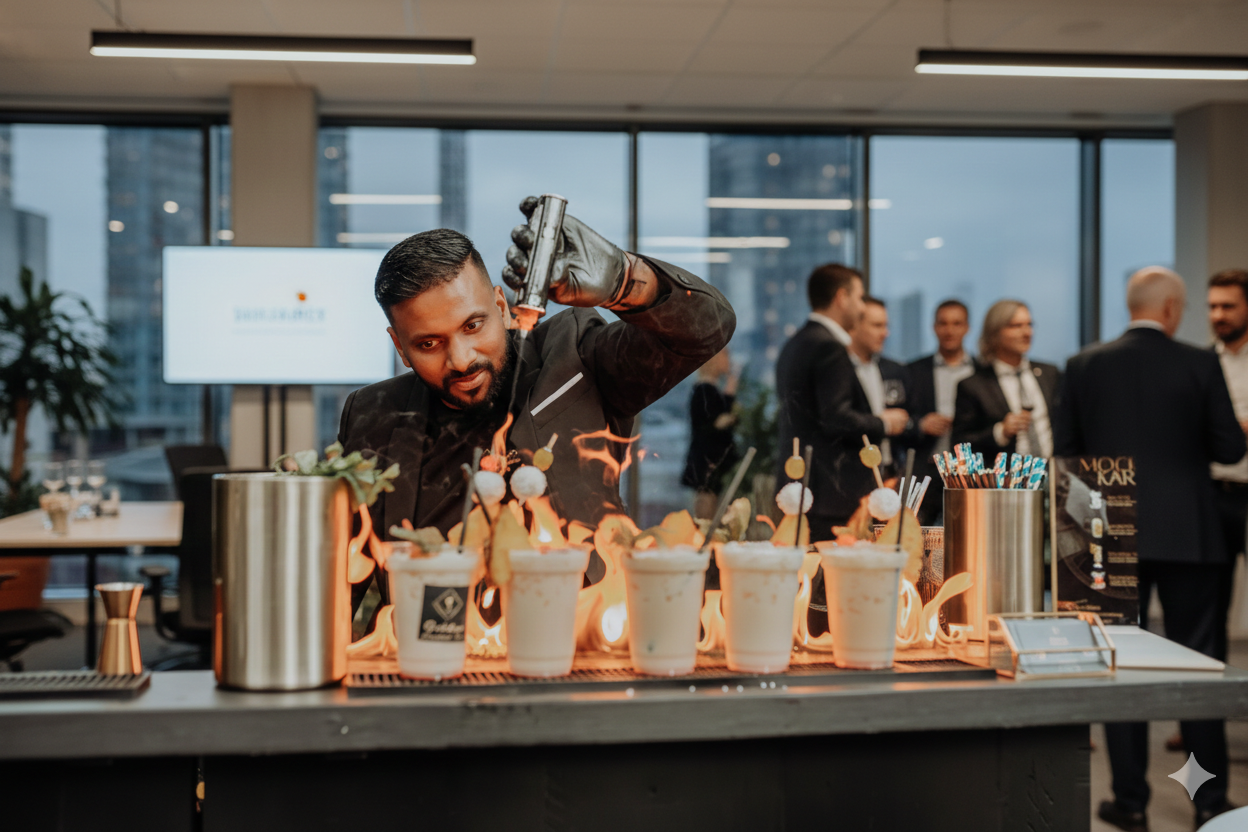 A professional bartender uses a torch to create a fire display over tropical cocktails at a corporate event.