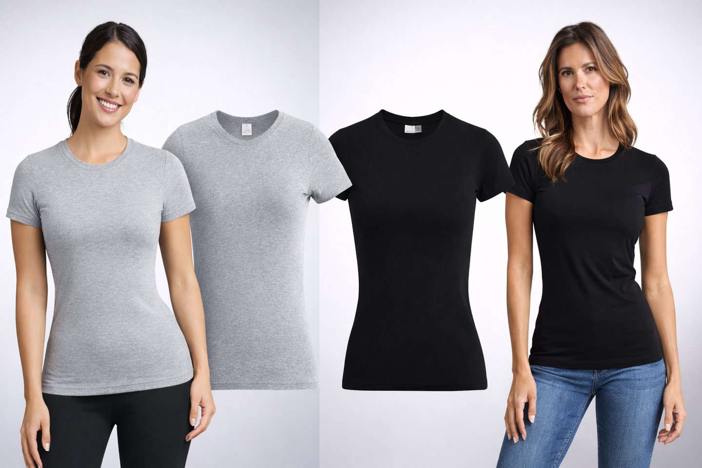 Damen T-Shirt Grau/Schwarz mit Rund-Ausschnitt - individuell gestaltbares Shirt aus Baumwolle