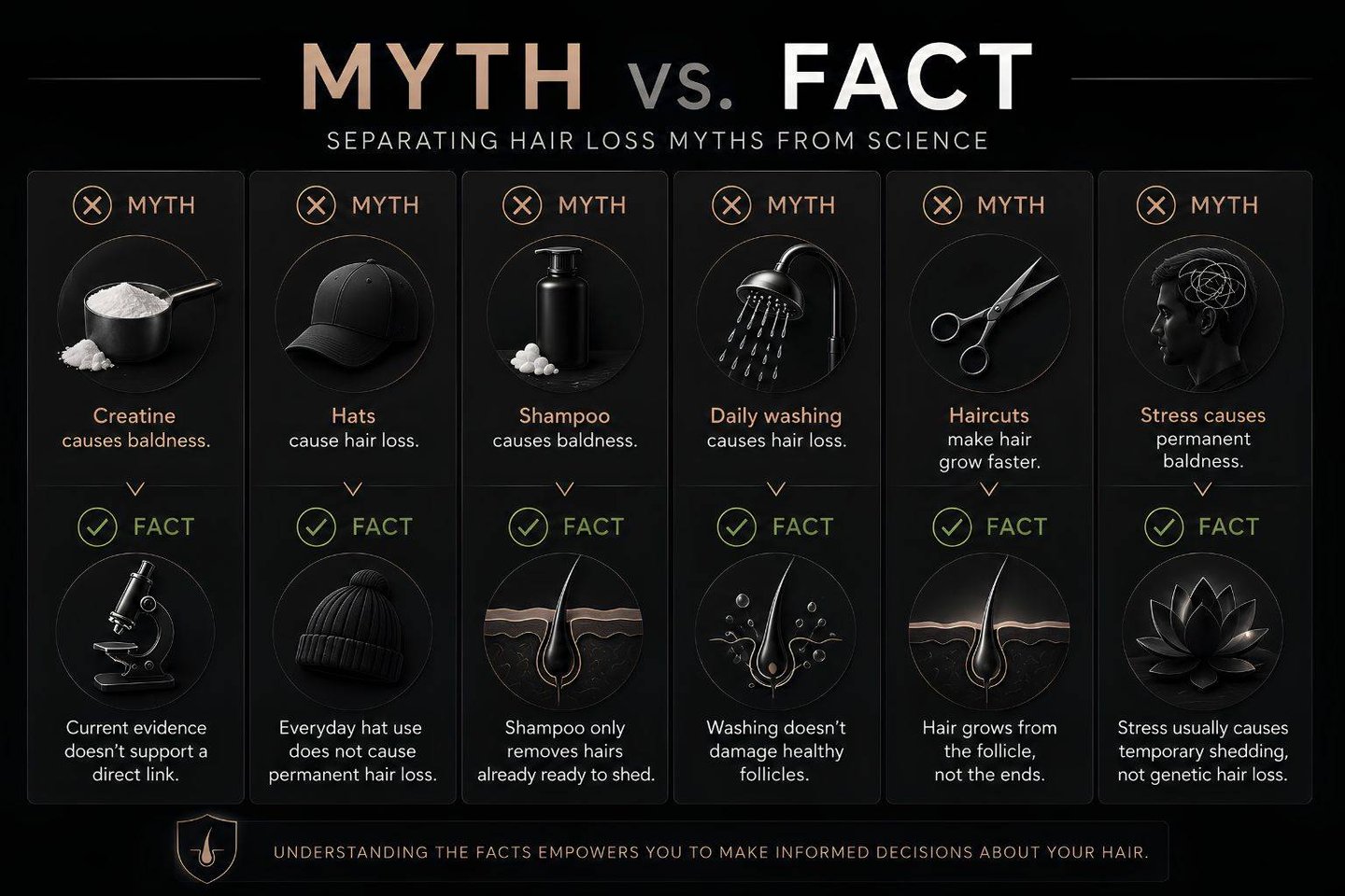 Infographic comparing common hair loss myths vs facts regarding creatine, hats, shampoo, and stress.