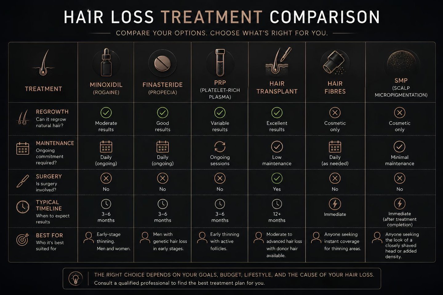 Hair loss treatment comparison chart detailing Minoxidil, Finasteride, PRP, hair transplants, and scalp micropigmentation.
