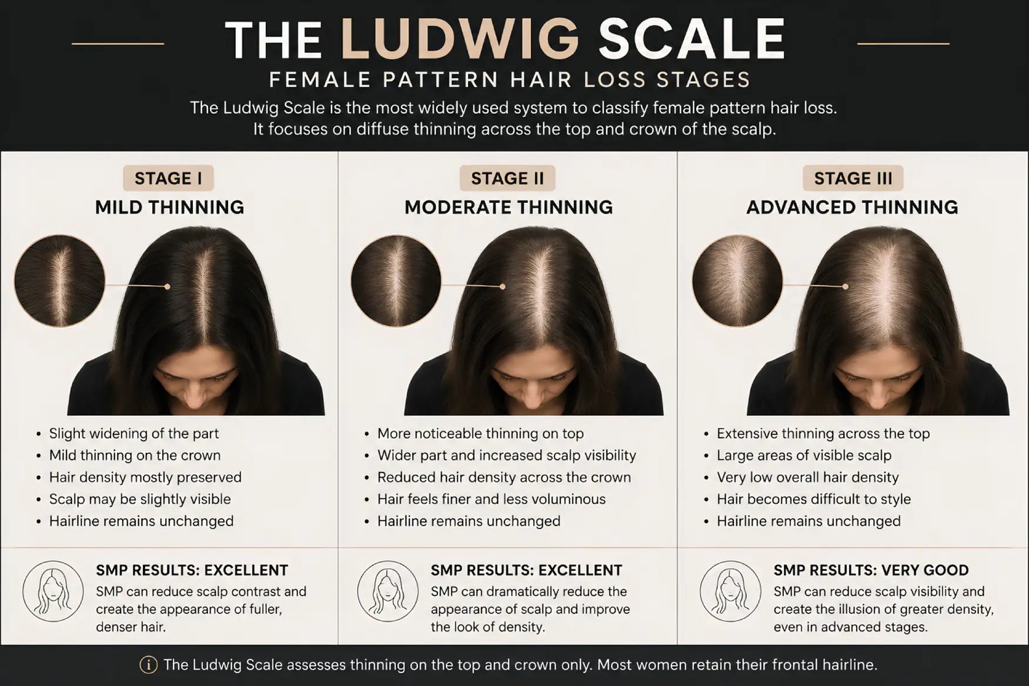The Ludwig Scale chart showing three stages of female pattern hair loss from mild to advanced thinning.
